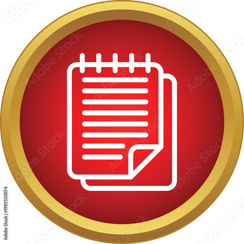 Notebook icon with outlined pages and spiral binding on a red and gold circular button