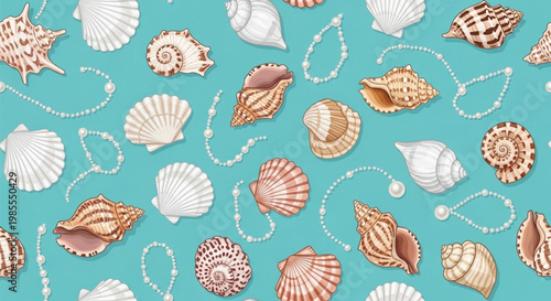 Seashell and Pearl Seamless Pattern on Blue Background Summer Beach Ocean Design