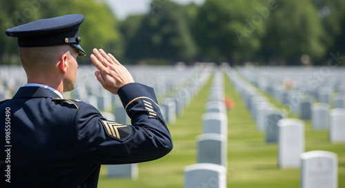 Soldier saluting at gravesite in cemetery on sunny day  