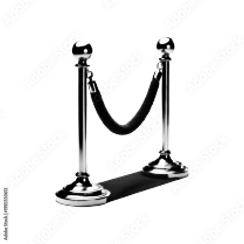 Halftone stanchion barrier icon in black, dotted illustration of velvet rope queue barrier isolated on white background, minimalist retro style.