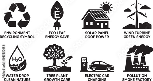 Eco friendly icons, sustainable energy symbols, environmental protection signs, green technology logos