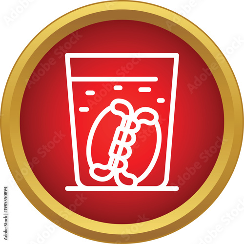 Dentures soaking in a glass of water for oral hygiene, presented as an icon