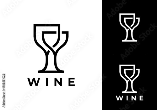 two glass line art logo. wine drink party vector design concept