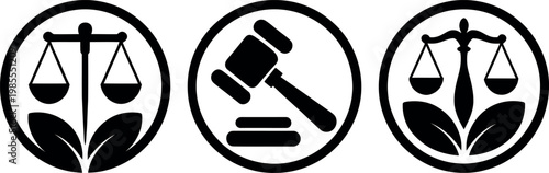 Symbols of justice, judgment, and legal balance represented in circular icons