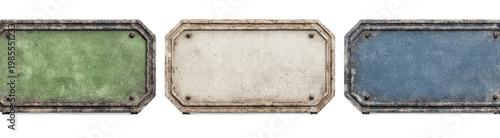 Three weathered rectangular signs, each with a different color, mounted with rivets and metal frames
