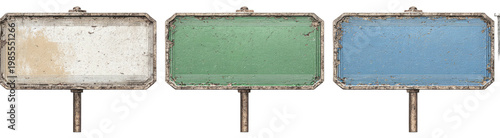 Three weathered roadside signs, each with a different color; white, green, and blue. Their frames are aged