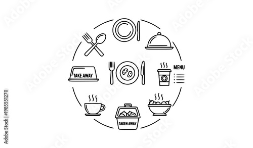 Minimal restaurant and tableware thin line icons vector set in circular layout with fork knife spoon plate and menu symbols