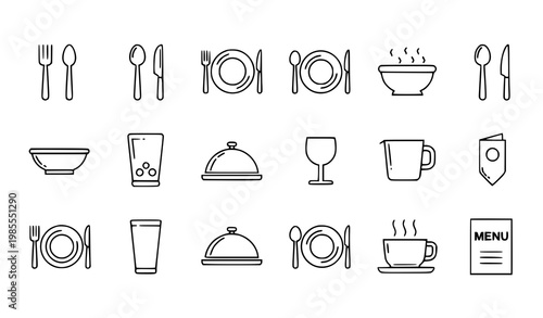 Modern tableware thin line icons vector set with fork knife spoon plate and restaurant menu symbols in clean outline style