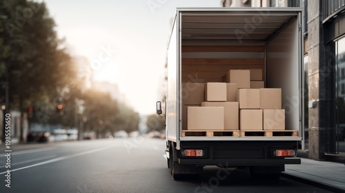 back view of  truck loaded with cardboard boxes, moving day concept background with copy space