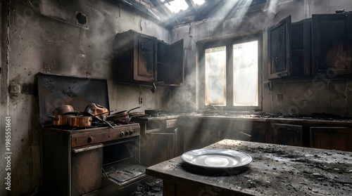 Abandoned kitchen interior with burnt stove, dirty countertop, and damaged cabinets near a sunny window.