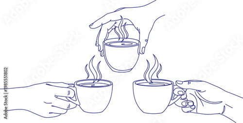 Minimalist coffee hands set, steaming cup line art vector illustration, social gathering motifs, decorative artwork design, flat vector illustration