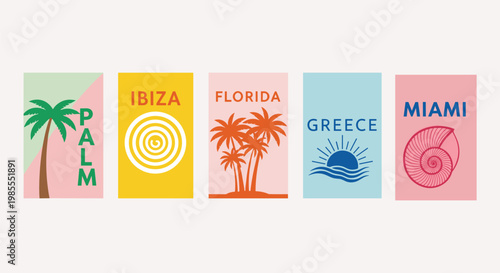 Travel destination panels set, Palm Ibiza Florida Greece Miami vector illustration, tropical vacation motifs, decorative artwork design