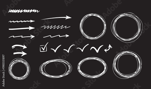 White Hand-Drawn Doodle Set - Arrows, Circles, and Check Marks on Black Background