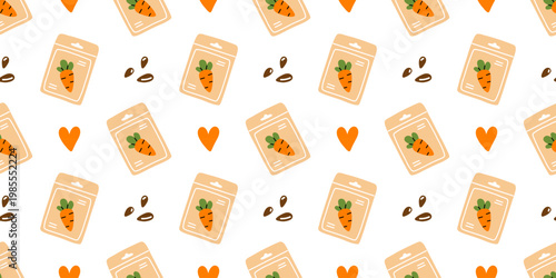 Vector seamless pattern with carrot seed packet, heart, scattered seed in cute flat style. Kawaii print perfect for spring gardening decor, labels, eco packaging. Agriculture, farm repeat background.