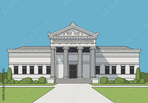 Grand Neoclassical Building with Columns and Pediment.