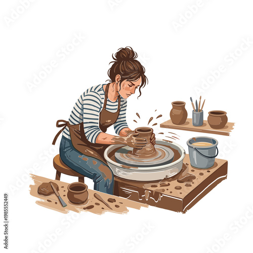 A woman skillfully shapes clay on a pottery wheel in her workshop.