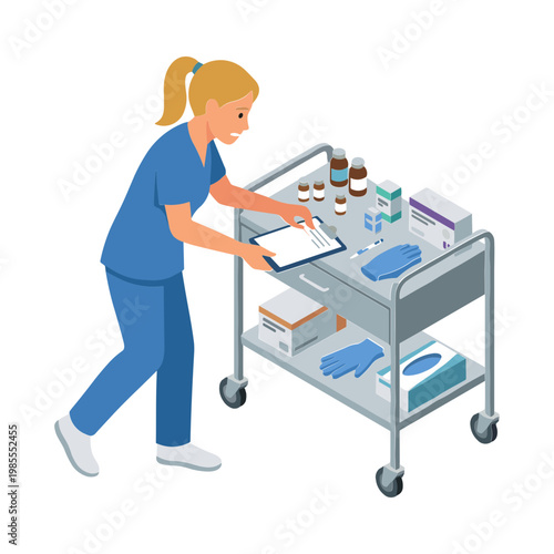Nurse pushing medical cart with supplies in hospital setting carefully
