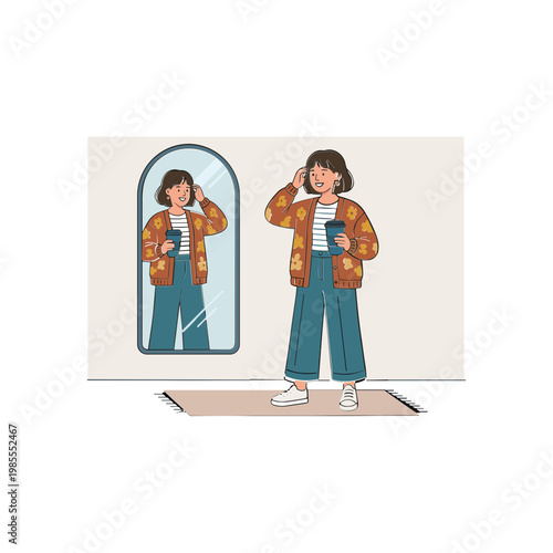 Woman standing on a rug looks at her reflection in a mirror