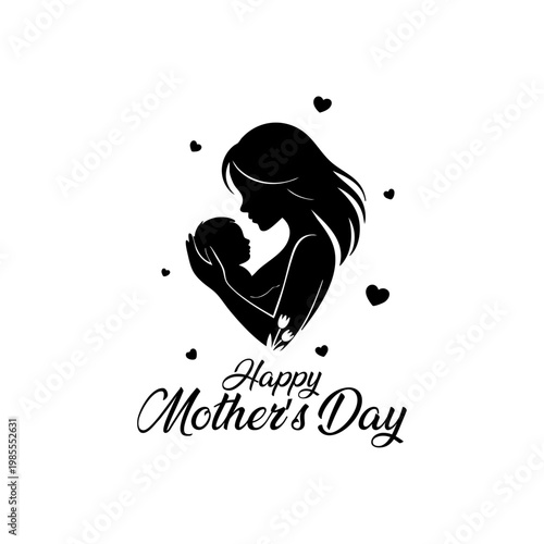 minimalist mother and baby silhouette with hearts for mothers day, happy mothers day greeting card vector illustration with tulip, black and white motherhood logo icon of mom holding newborn, mother a
