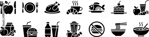 Essential Food, Beverage, and Dining Solid Black Glyph Pictogram Icon Pack for Restaurant Menus, Healthy Diets, and Fast Food Apps