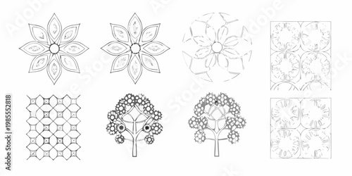 Collection of hand drawn geometric floral and foliage design elements