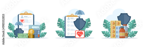 Healthcare illustration set with protection umbrella concept, medical care services, and health safety theme, clean flat vector landing page template design.
