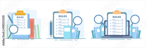 Corporate compliance illustration set showing company policy, business ethics, legal agreement rules, and regulations concept, modern flat vector style for web and social media.