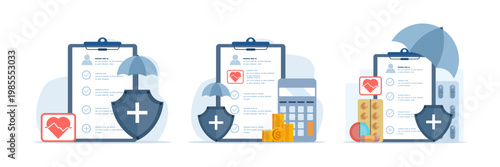 Healthcare service illustration set with protection concept, umbrella symbol, and medical care theme, flat vector landing page template design for health and insurance services.