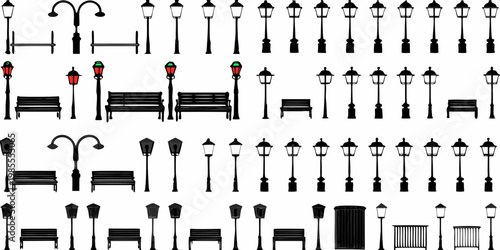 Collection of black street lamps benches and other urban elements