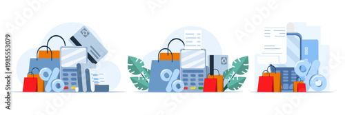 NFC payment illustration set featuring POS terminal confirming debit card transaction, payment card payment, invoice and shopping concept, modern flat vector style design.