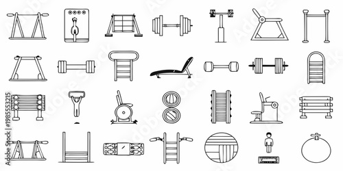 Line art illustration of various gym equipment and fitness machines