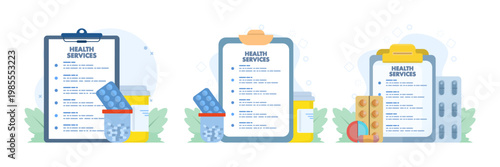 Health services illustration set with medicine pills, drug elements, and service forms, representing healthcare support, security, and financial medical concepts in flat vector.