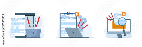 Customer complaint illustration set showing claim process, negative feedback, bad review, and service dissatisfaction with resolution workflow, modern flat vector style.