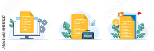 Flat vector set of business agreement and startup collaboration, featuring contract signing, partnership concept, and corporate teamwork for professional templates.