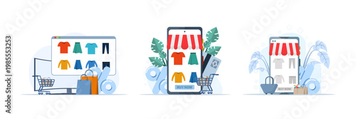 Online shopping illustration set with e-commerce, flash sale promotion, discount offers, and digital cashless payment concept, clean flat vector design for web use.