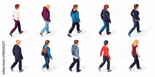 Isometric illustration of diverse people walking in various casual outfits