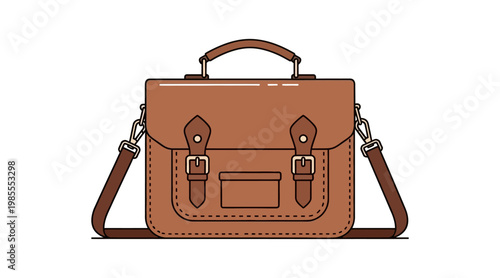 Brown leather satchel bag with straps and buckles, flat
