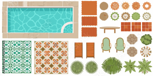Top down view of a pool and various outdoor furniture elements