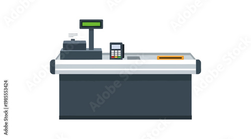 Flat checkout counter with cash register and card reader