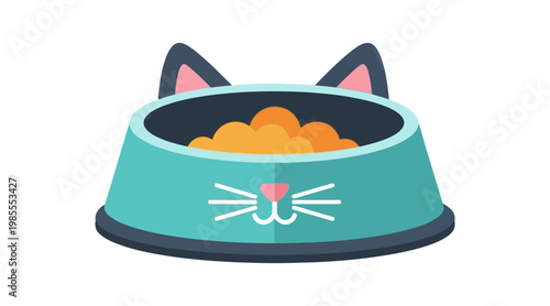 Flat cat food bowl with orange kibble and cat face accents
