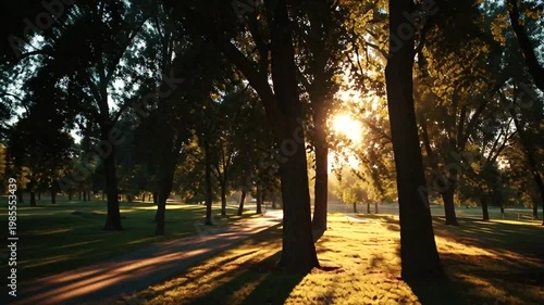 Golden Hour Sunlight Streaming Through Trees in a Park