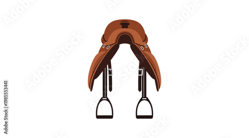 Flat brown horse saddle with stirrups brown leather