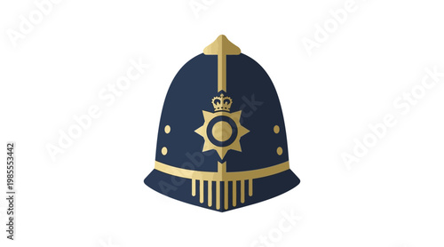 Flat british police helmet with gold crown and badge