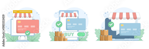 Online payment concept with debit and credit card transactions, showing business finance process and digital payment system in flat design illustration.