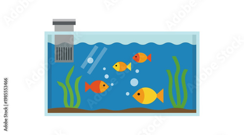 Flat fish tank with orange, yellow fish and green plants