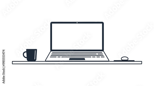 Flat desk setup with laptop, mug, and mouse laptop black and white minimalist desk