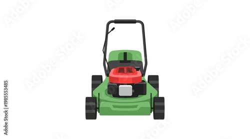 Flat front view of green and red lawn mower flat green lawn mower