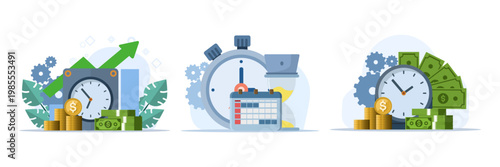 Business time management illustration set with deadline concept, planner schedule, startup planning, and calendar management, clean flat vector banner design.