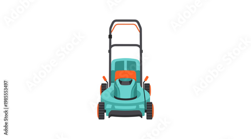 Flat front view of turquoise and orange lawn mower