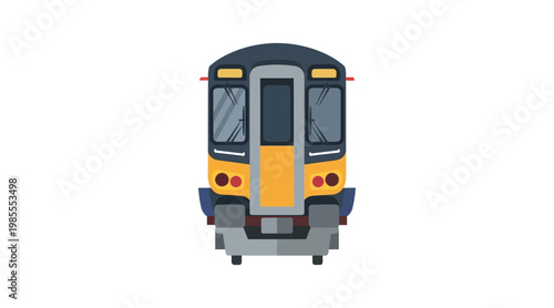 Flat front view of yellow and blue train carriage flat yellow train